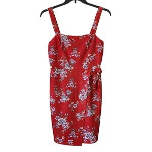 Betsey Johnson Red Floral Faux Wrap Dress‎ Womens Size 8 Sleeveless Lined